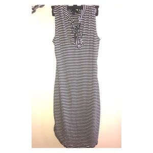 B&W Striped Ribbed Fitted Dress w/ Strappy Neck